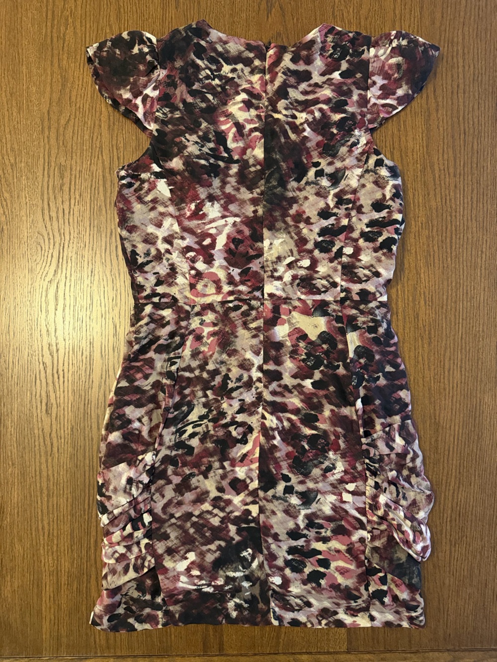 Guess Plum Multi Ruched Cap-Sleeve Mini Dress - Picture 2 of 5